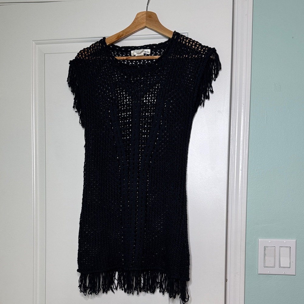 Navy Knit Fringe coverup